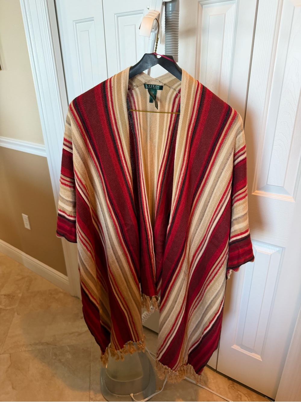 Lauren Ralph Lauren Red and Cream Striped Open-Front Poncho